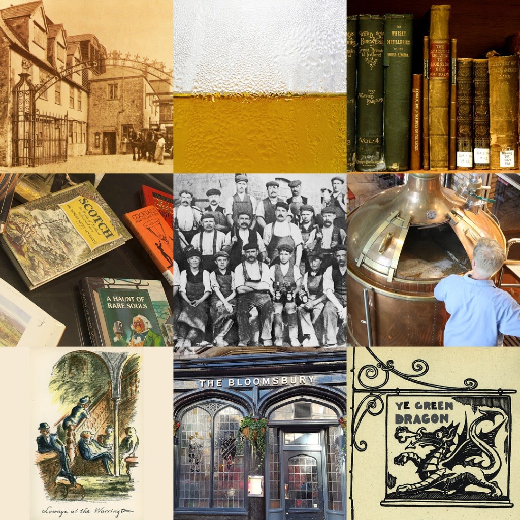 A collage of nine images from the National Brewing library, including historical photographs of brewing, and images of pubs and pub signs